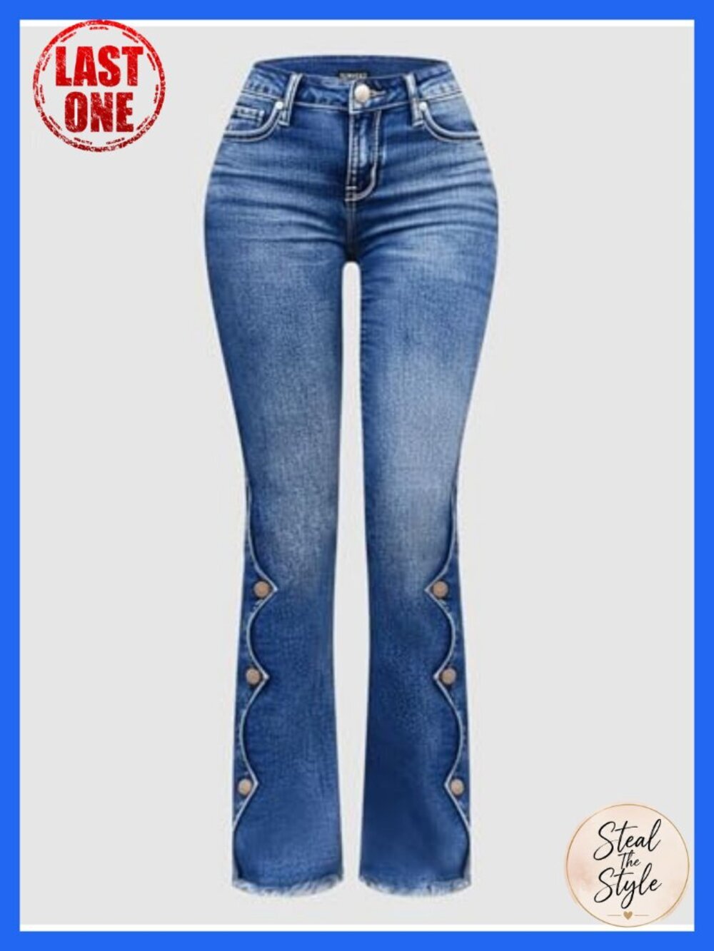 Flamingals Buttoned Hem Bootcut Jeans High Stretch Mid Rise Casual Pants - Picture 4 of 4